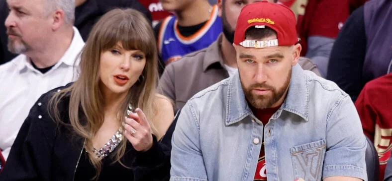 Taylor Swift and Travis Kelce attend The Knicks Game Against The Cavaliers in The Eastern Conference Finals Game 3