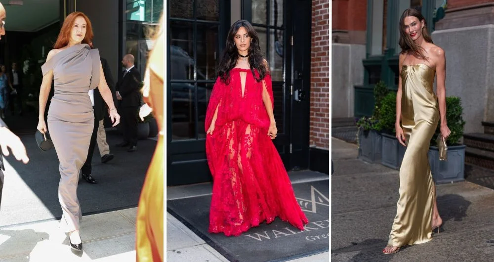 Tree Paine, Camila Cabello and Karlie Kloss in monochromatic looks on their way to Taylor Swift and Travis Kelce's wedding in New York City on Friday.