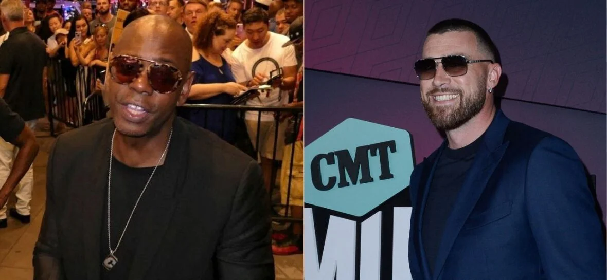 A side-by-side collage of Dave Chappelle and Travis Kelce