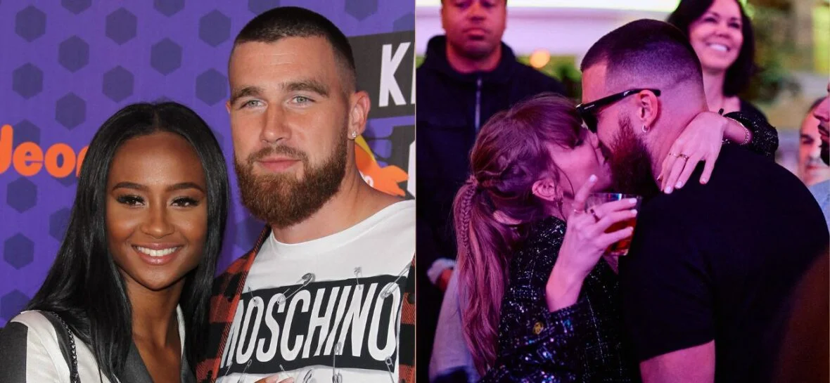 Kayla Nicole and Travis Kelce (left) Taylor Swift and Travis Kelce (right)