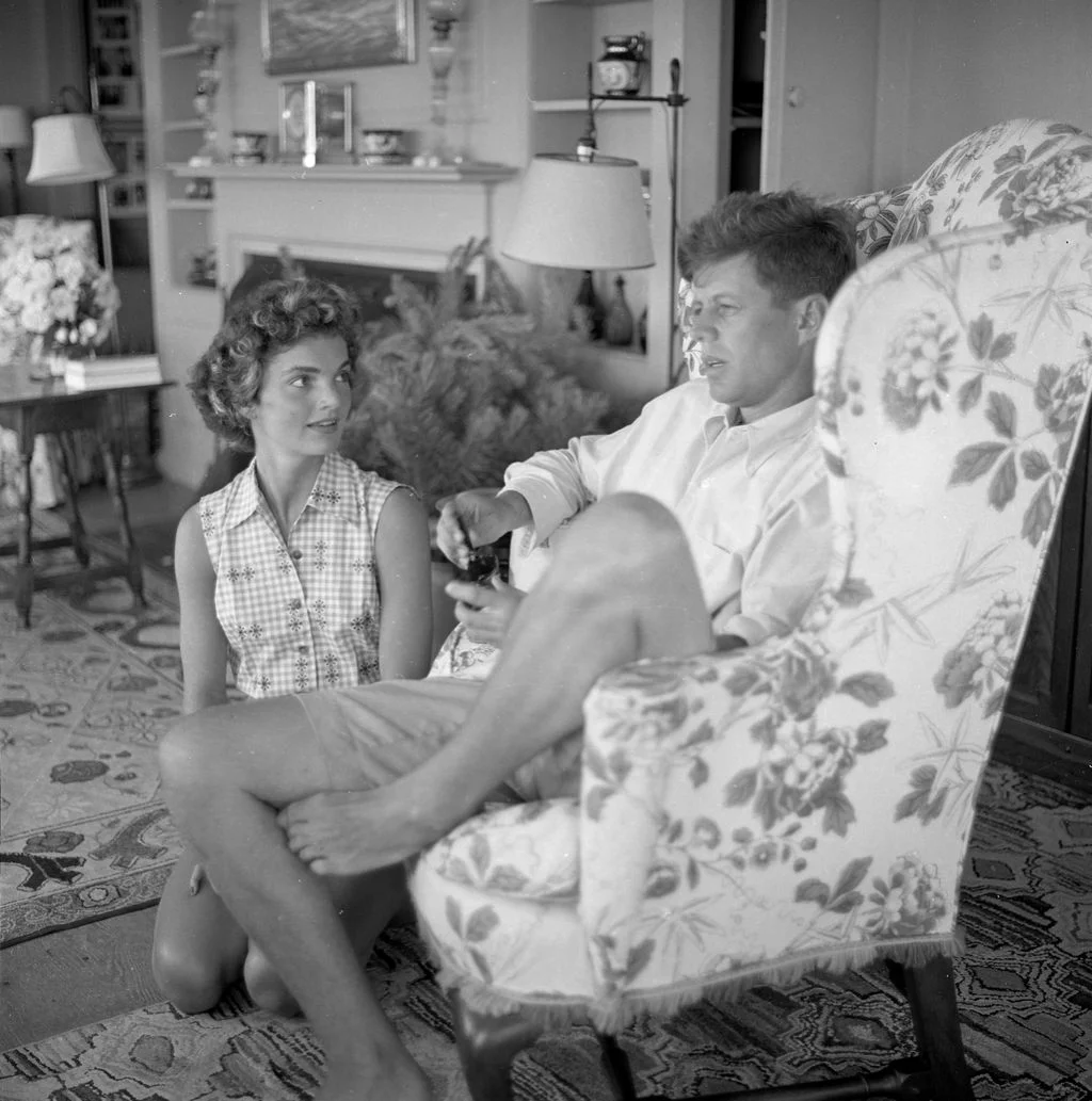 Image may contain John F. Kennedy Jacqueline Kennedy Onassis Furniture Couch Adult Person Face Head and Photography
