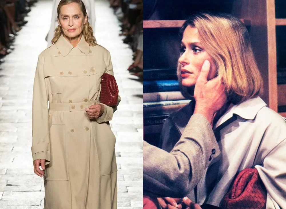 Lauren Hutton carrying the Pouch clutch on the spring 2017 runway in homage to American Gigolo.