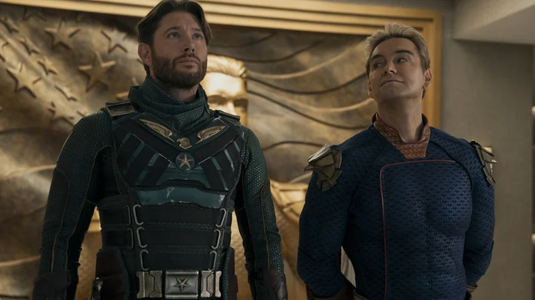 Homelander (Antony Starr) glances at Soldier Boy (Jensen Ackles) in The Boys