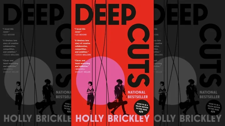 An image of the cover of Deep Cuts by Holly Brickley, depicting woman walking away from a man holding a guitar case, with chords dangling overhead.