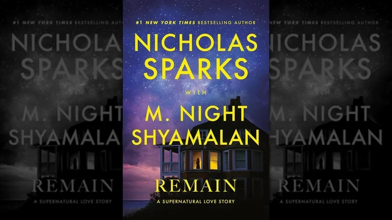 An image of the cover of Remain by Nicholas Sparks, depicting a shadow standing in the window of a beach side home.