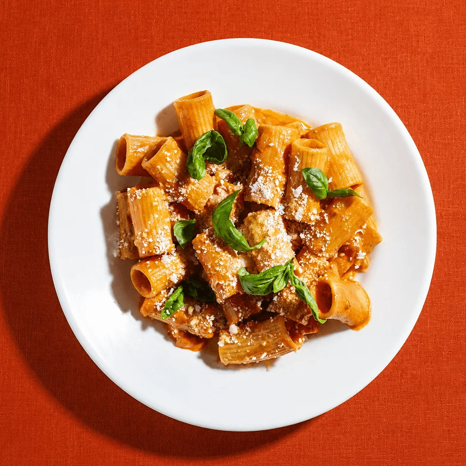 A plate of rigatoni pasta alla vodka topped with basil leaves and Parmesan.