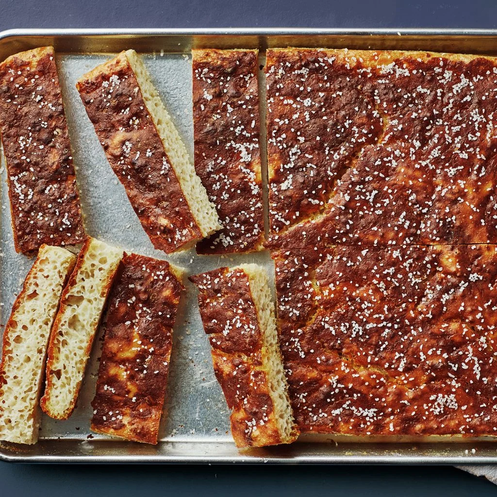 Pan of pretzel focaccia