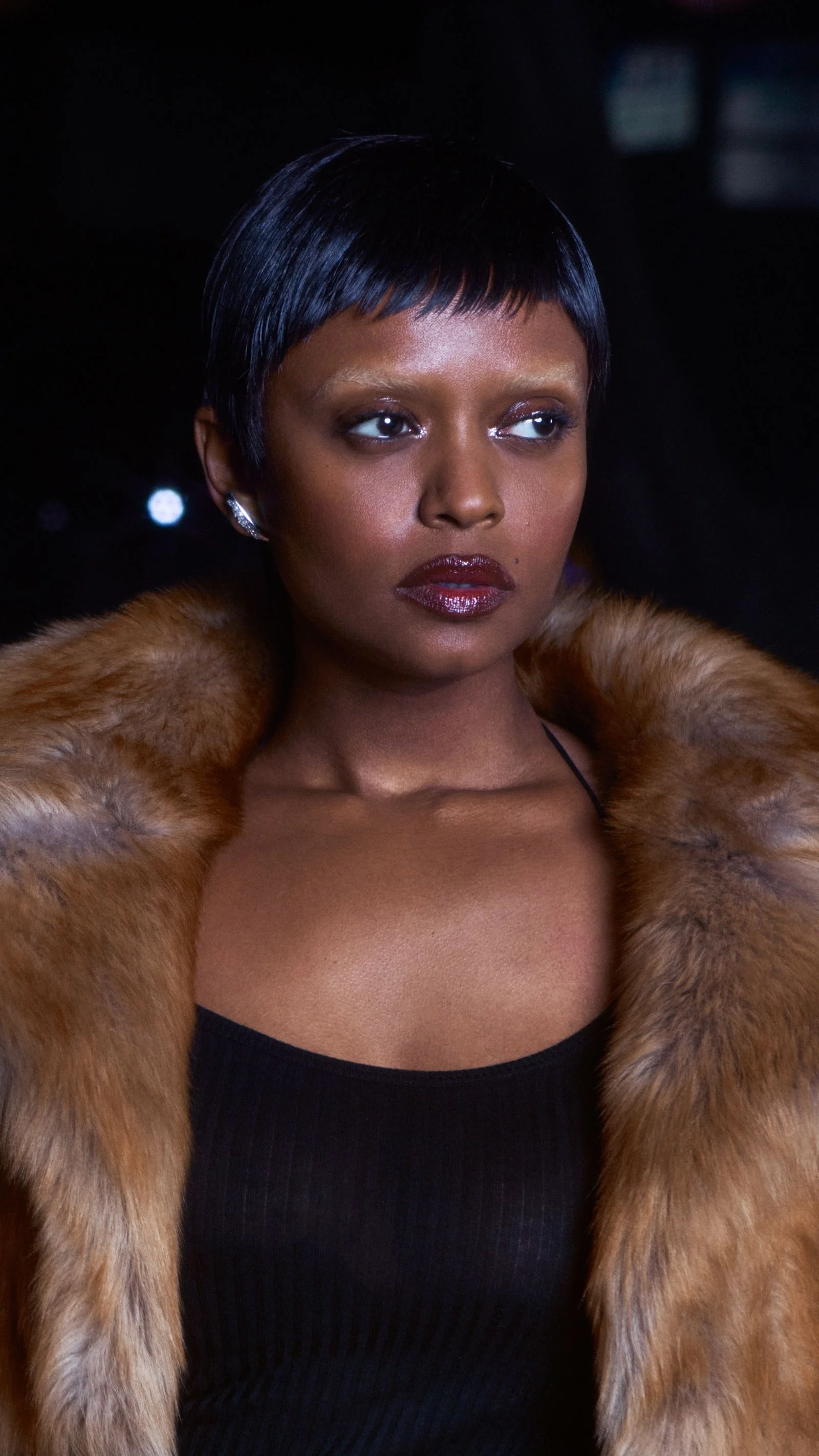 Portrait of Kelela wearing a brown fur coat