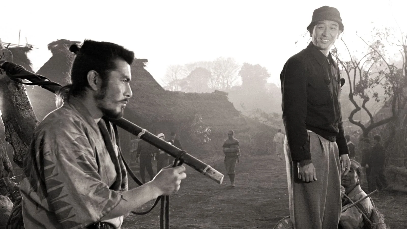 Toshiro Mifune with Akira Kurosawa on the set of 'Seven Samurai' one of the best Rotten Tomatoes movies