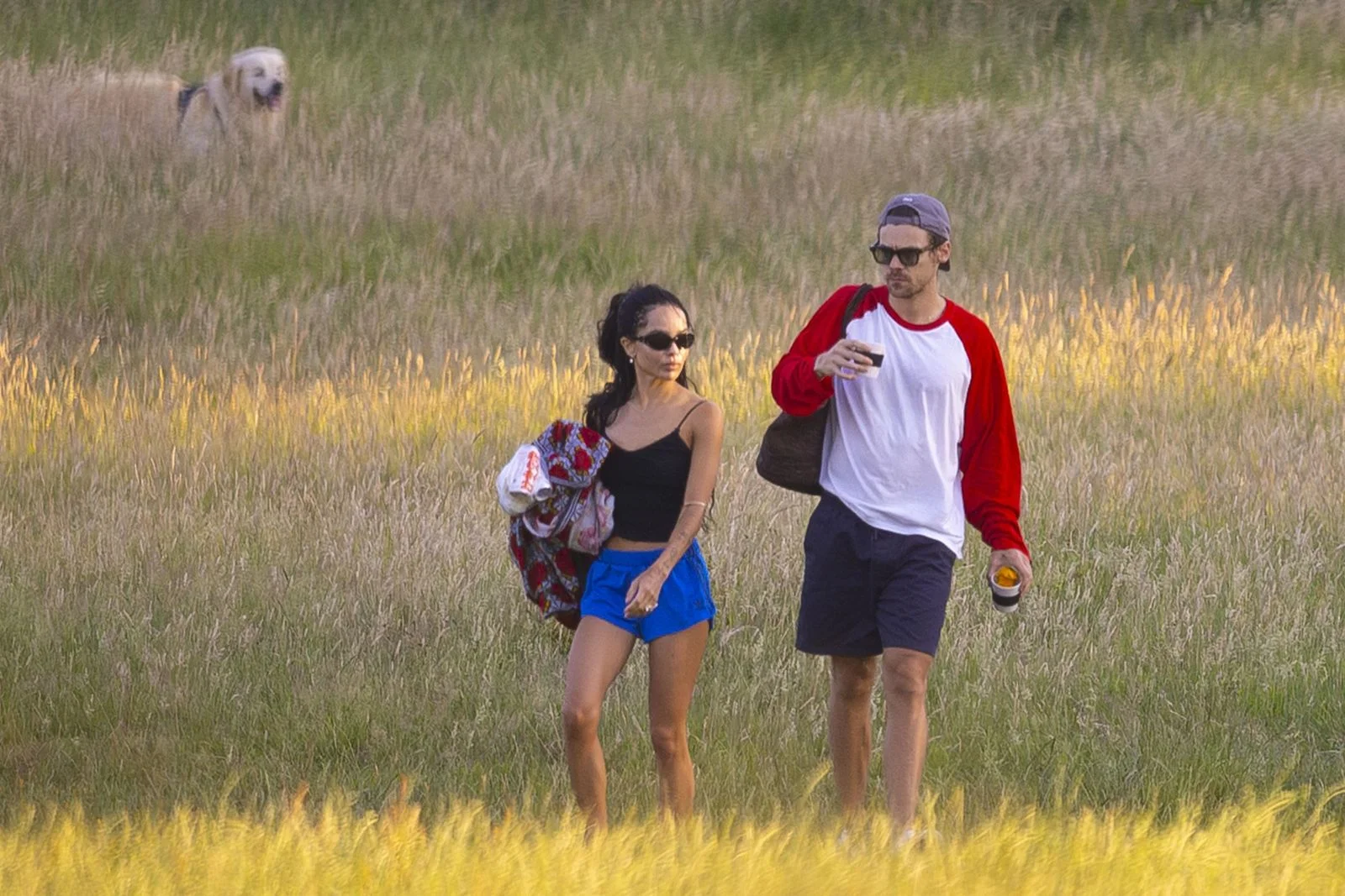 Image may contain Zoë Kravitz Harry Styles Clothing Shorts Person Walking Grass Plant Adult Accessories and Bag