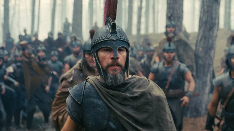 Matt Damon as Odysseus standing in front of his army in The Odyssey