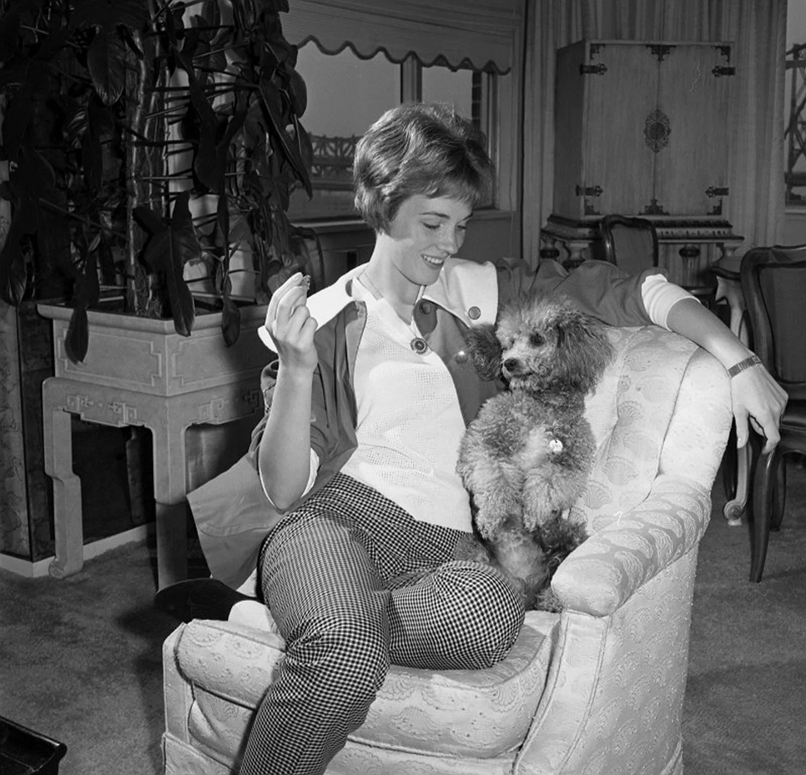 Image may contain Julie Andrews Couch Furniture Architecture Building Indoors Living Room Room Face and Head