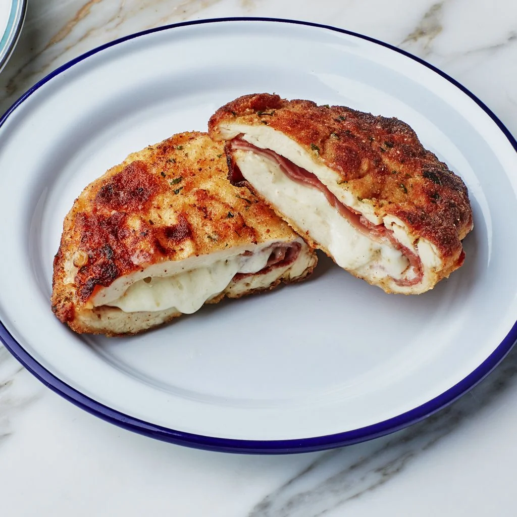A crosscut of chicken cordon bleu on a plate revealing the inner layers of prosciutto and melty Swiss cheese.