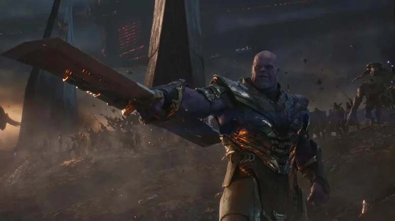 Josh Brolin as Thanos in Avengers: Endgame, wielding a large sword in front of his army.