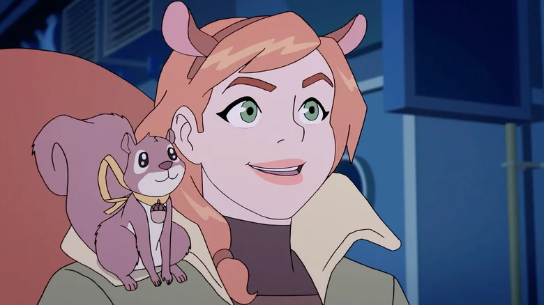 Milana Vayntrub as Doreen Green (aka. Squirrel Girl) with a squirrel on her shoulder in Marvel Rising