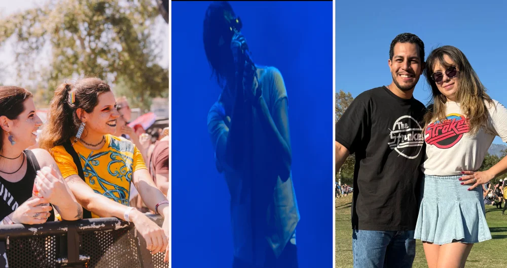 Fans at Just Like Heaven music festival in Pasadena, Calif. wearing The Strokes merchandise; Julian Casablancas performing during the festival.