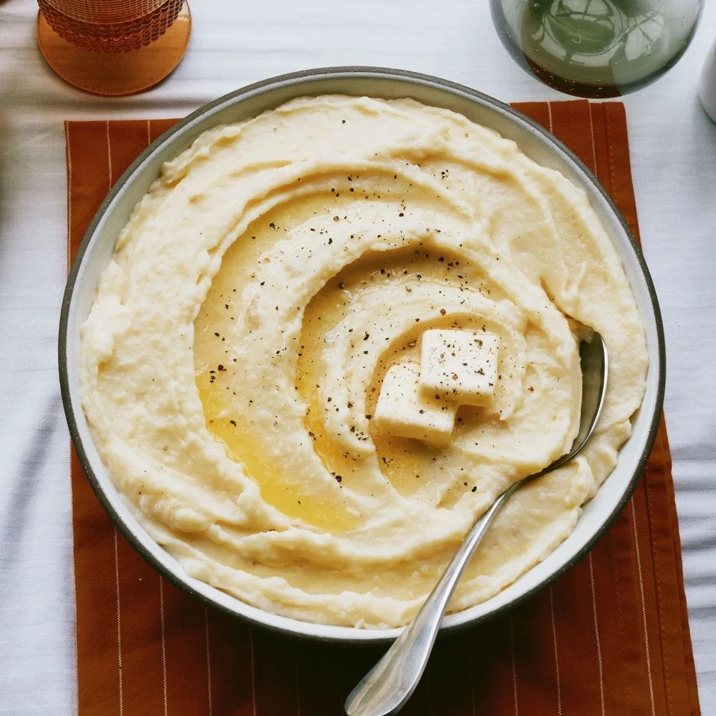 Makeahead mashed potatoes in a serving bowl with two melting pats of butter and freshly cracked black pepper.