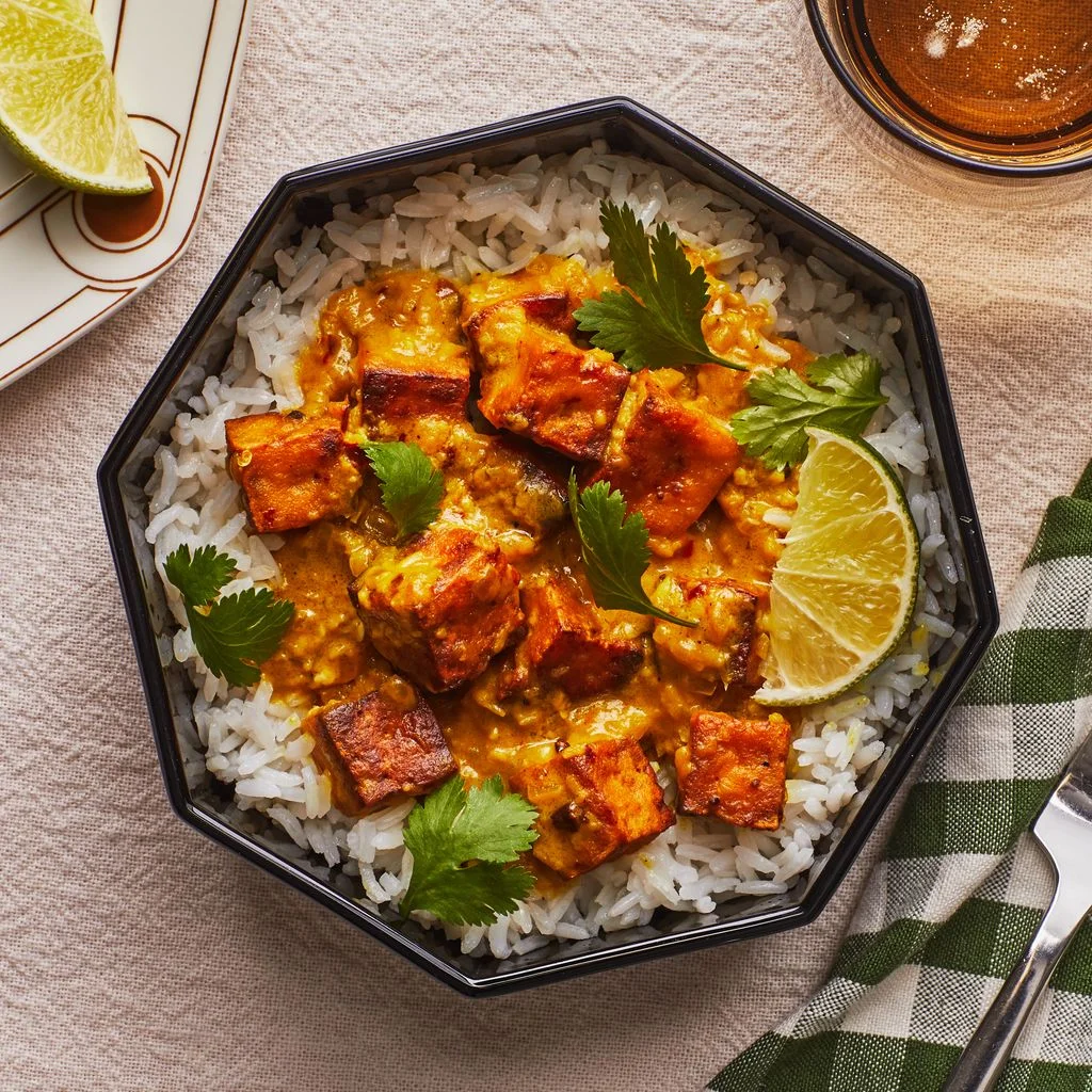 Crispy tofu cubes coated in creamy peanut sauce served over white rice with cilantro and lime wedges.