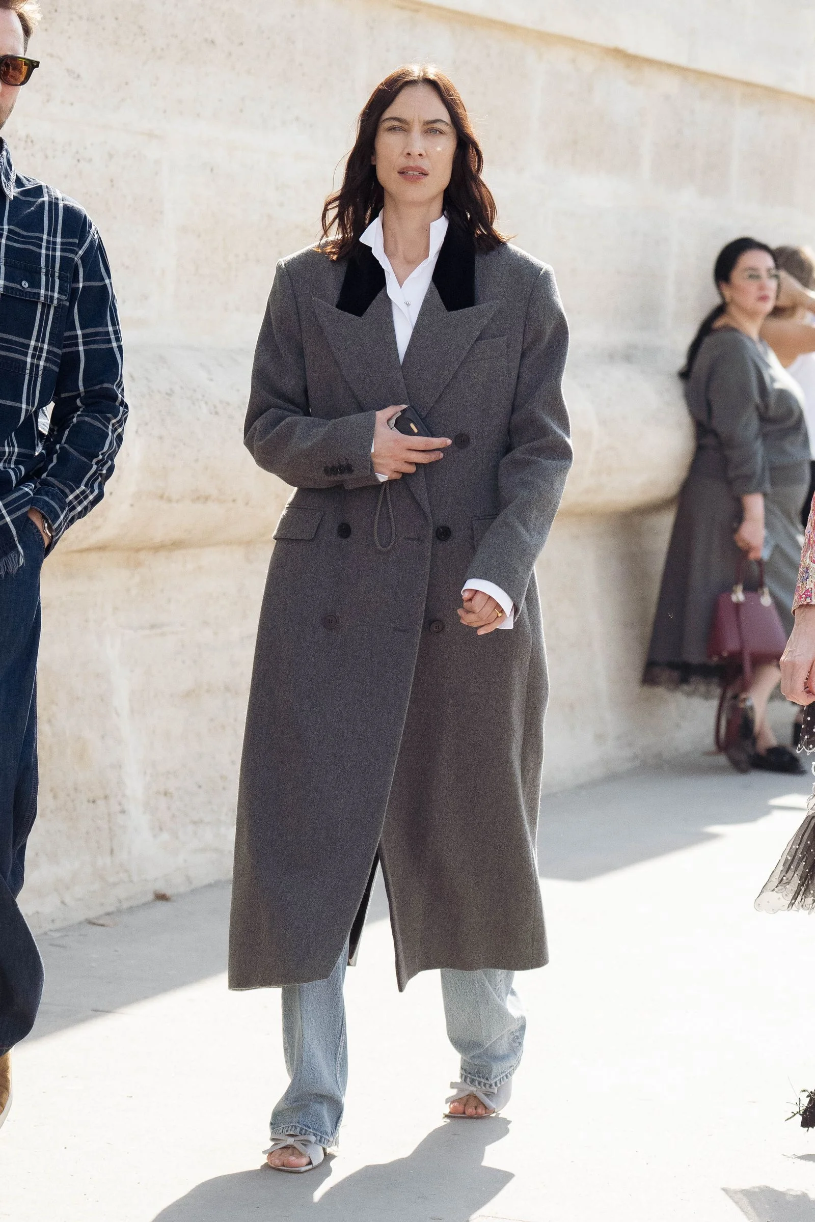 Image may contain Alexa Chung Clothing Coat Adult Person Overcoat Accessories Bag Handbag and Glasses