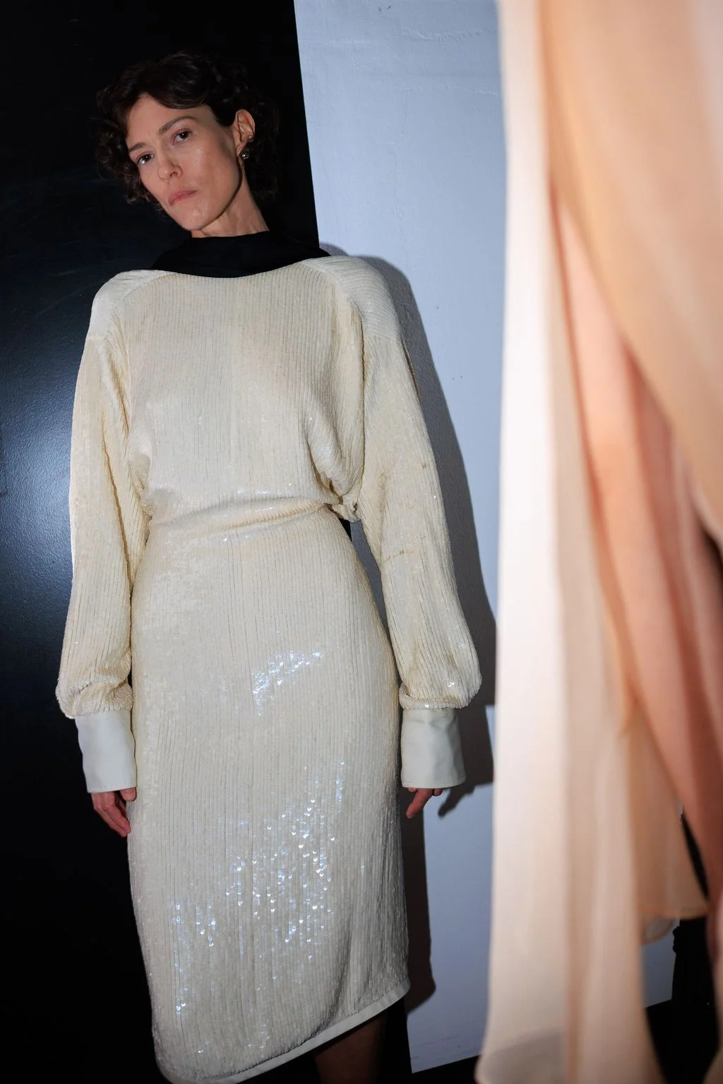 Image may contain Rachel Ward Clothing Long Sleeve Sleeve Adult Person Dress Formal Wear Fashion Gown and Wedding