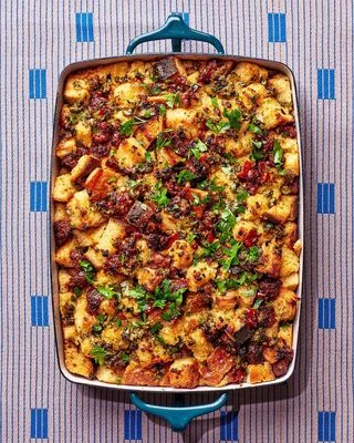 Chorizo and Calabrian chile stuffing in a rectangular baking dish
