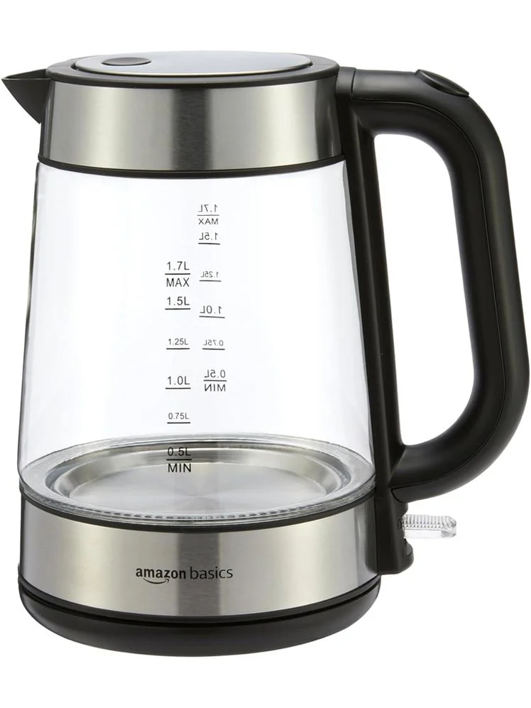 Amazon Basics Electric Kettle with Glass Carafe for Tea and Coffee, BPA-Free, Fast Boiling, Auto Shut-Off, Boil-Dry Protection, Water Level Indicator, 1.7