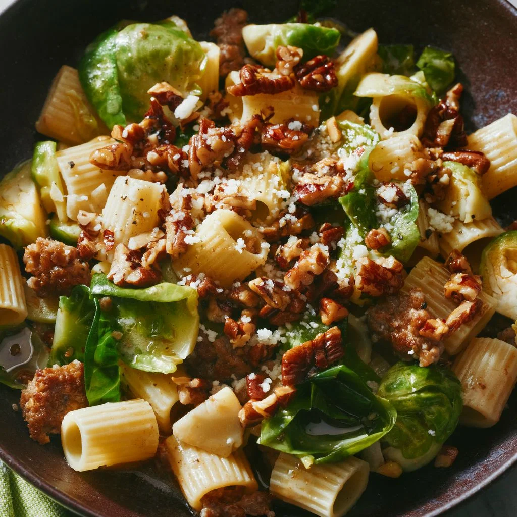 A bowl of mezze rigatoni brussels sprouts and pecans in a dark maroon bowl.