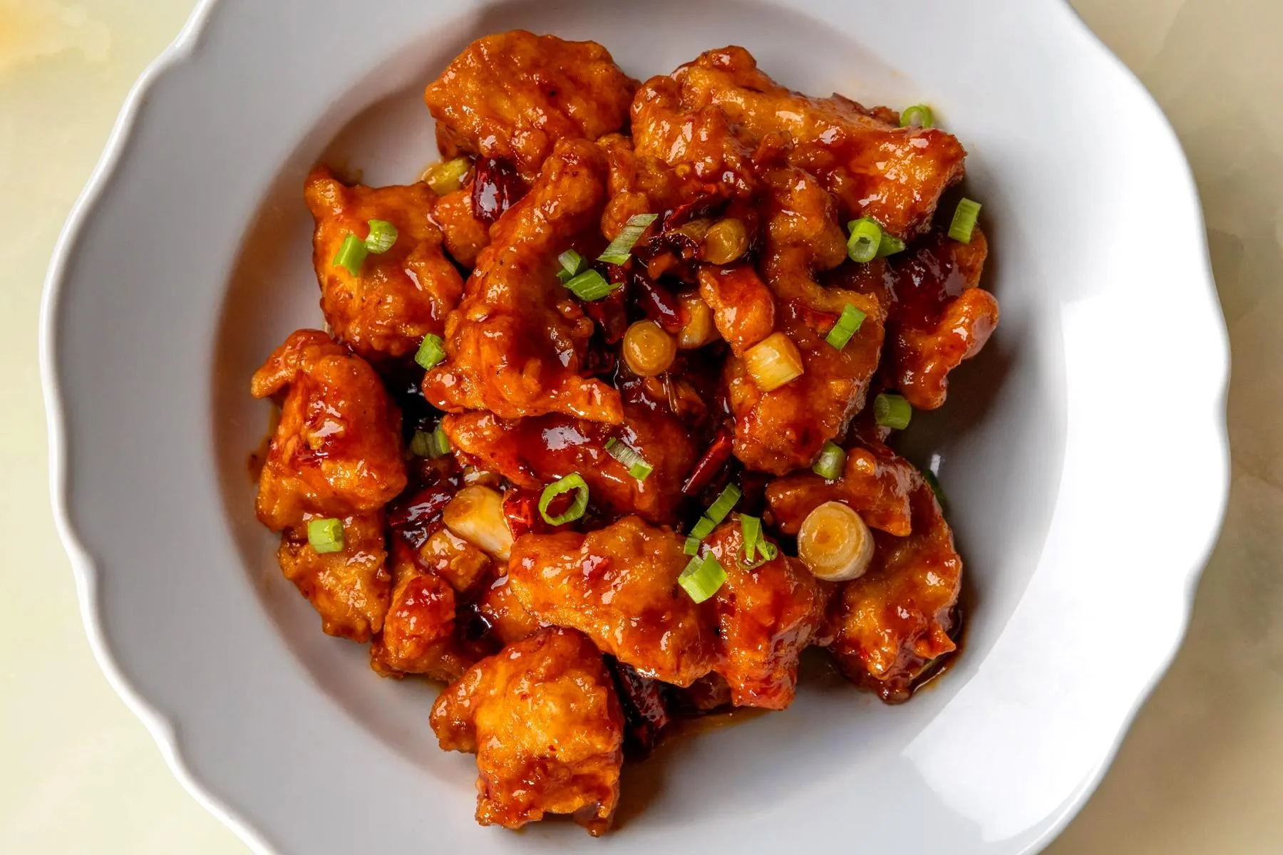 an overhead shot showing the general tso’s chicken at tiger tiger in los angeles