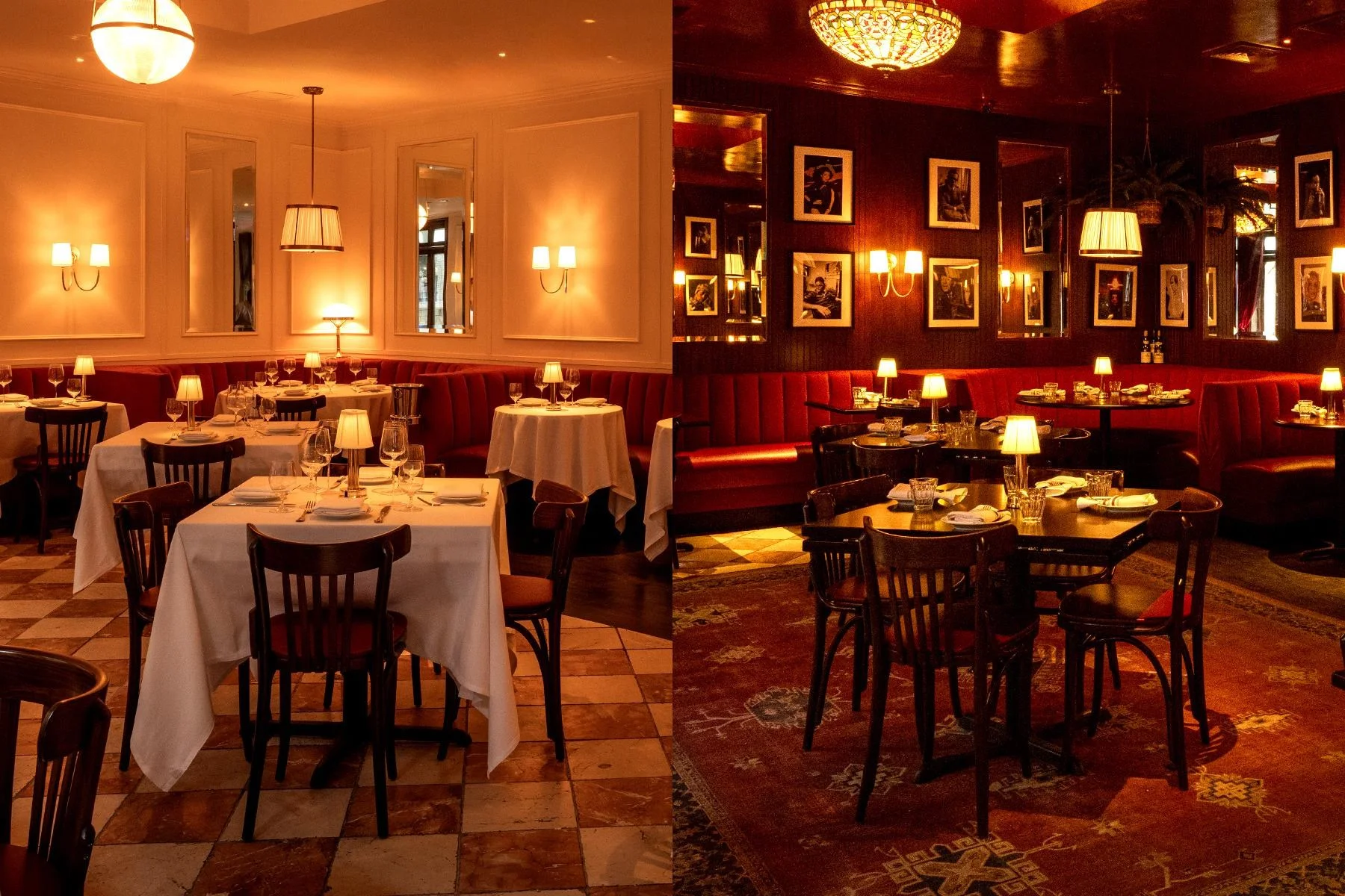 a side by side image showing the fancy french restaurant chateau royale next to the more lowkey and lower-priced restaurant floradora, which replaced it in august. chateau royale has white walls and white tablecloths, whereas floradora is darker and has bare tables.