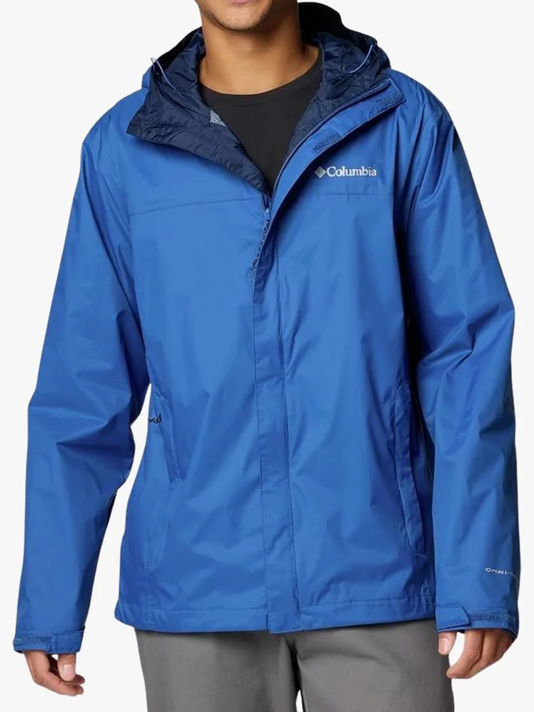 Model wearing a rain jacket on a flat background.