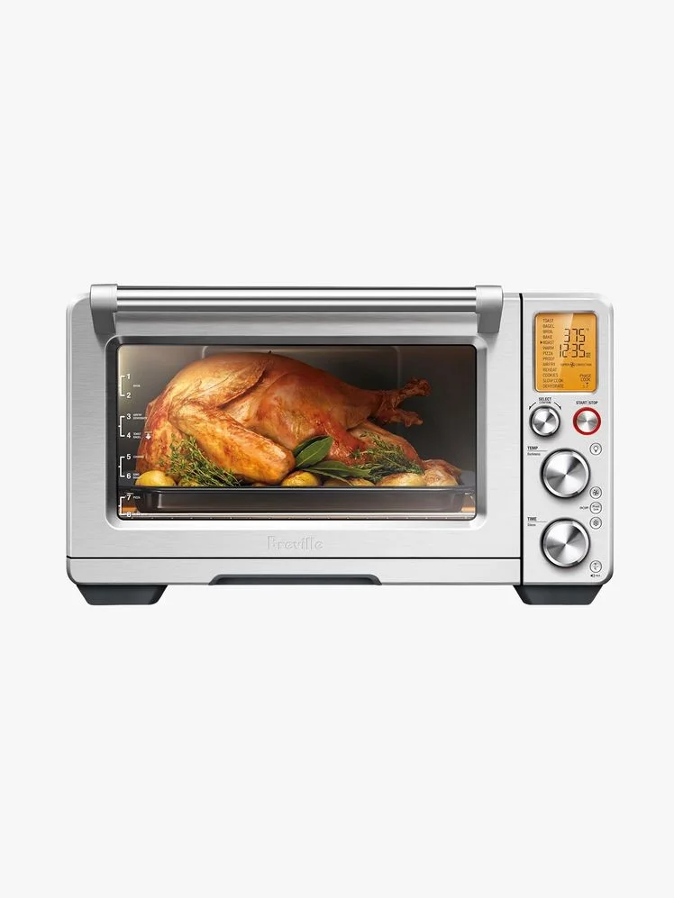Toaster oven on a flat background.