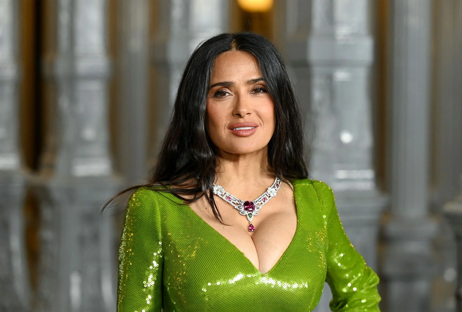 Salma Hayek — who is married to Kering chair FrançoisHenri Pinault — in a Boucheron necklace at the 2025 LACMA Art Film...