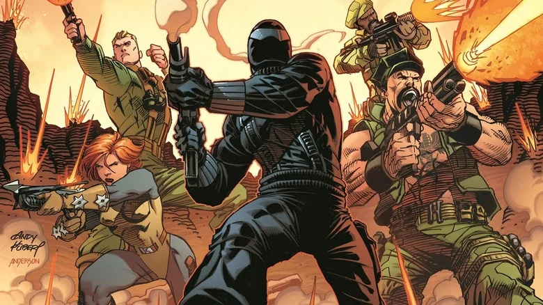 G.I. Joe: A Real American Hero Compendium Volume 1 cover - Hawk, Scarlett, Snake Eyes, Stalker, and Gung-Ho all firing guns