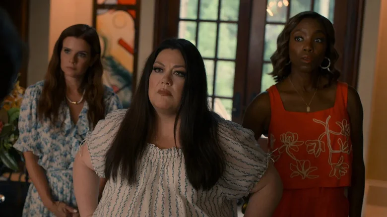 Maddie, Dana, and Helen looking at something impatiently on Sweet Magnolias